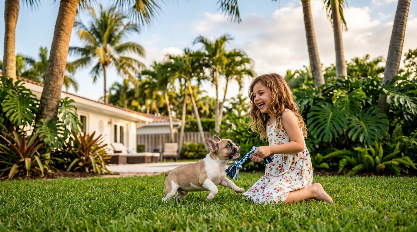 French bulldog puppy playing in a Miami backyard